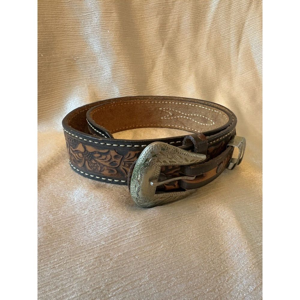 vintage USA made JUSTIN buckle belt 32 cowhide leather WESTERN brown TOOLED